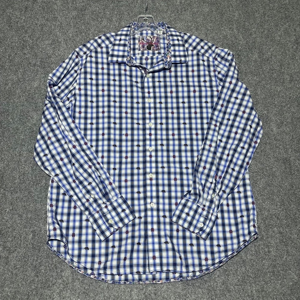 Robert Graham XL Classic Fit Plaid Shirt Blue Embroidered Bear Contrast‎ Cuffs